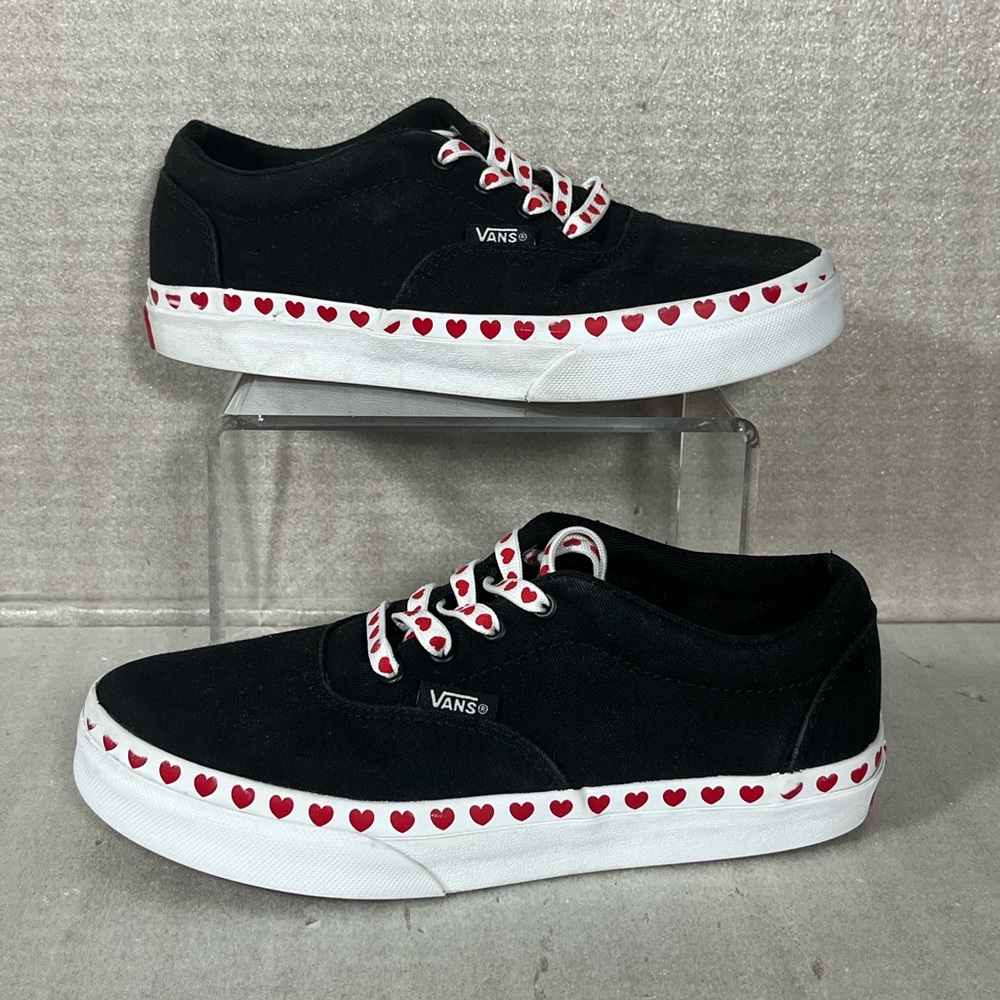 Vans Kids Black and White Sneakers with Red Hearts